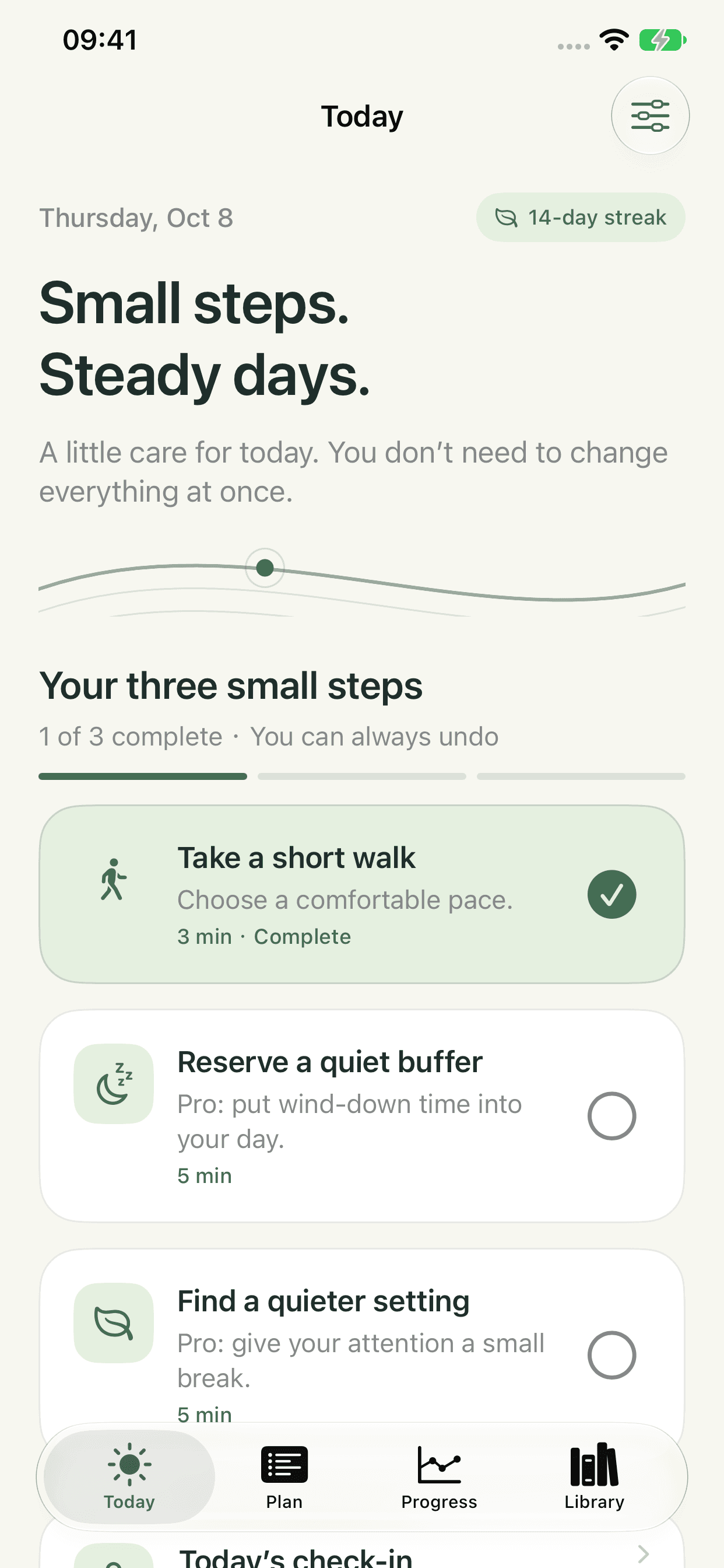 Stedion English Today screen showing three daily actions, completion controls and Today, Plan, Progress and Library navigation