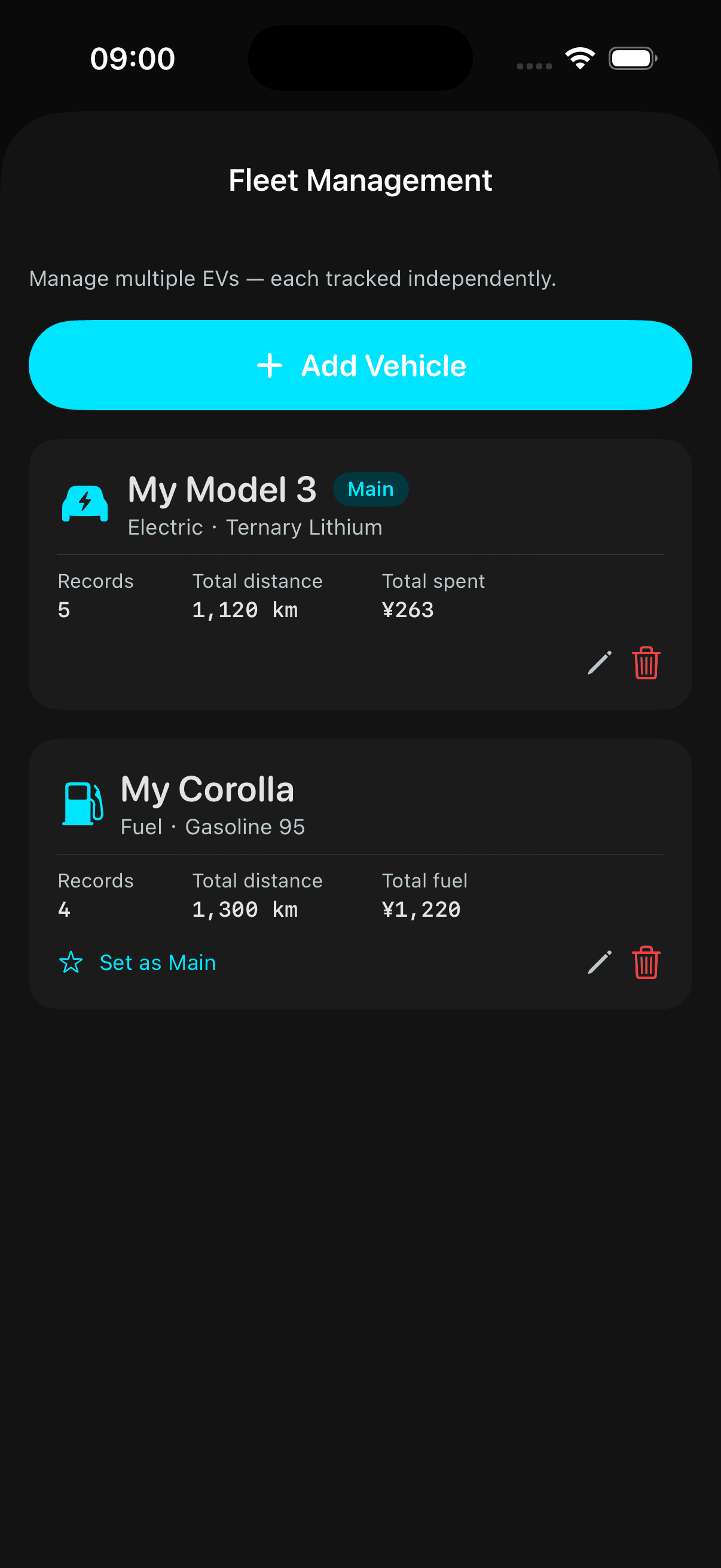 Fleet — manage EV and fuel vehicles separately
