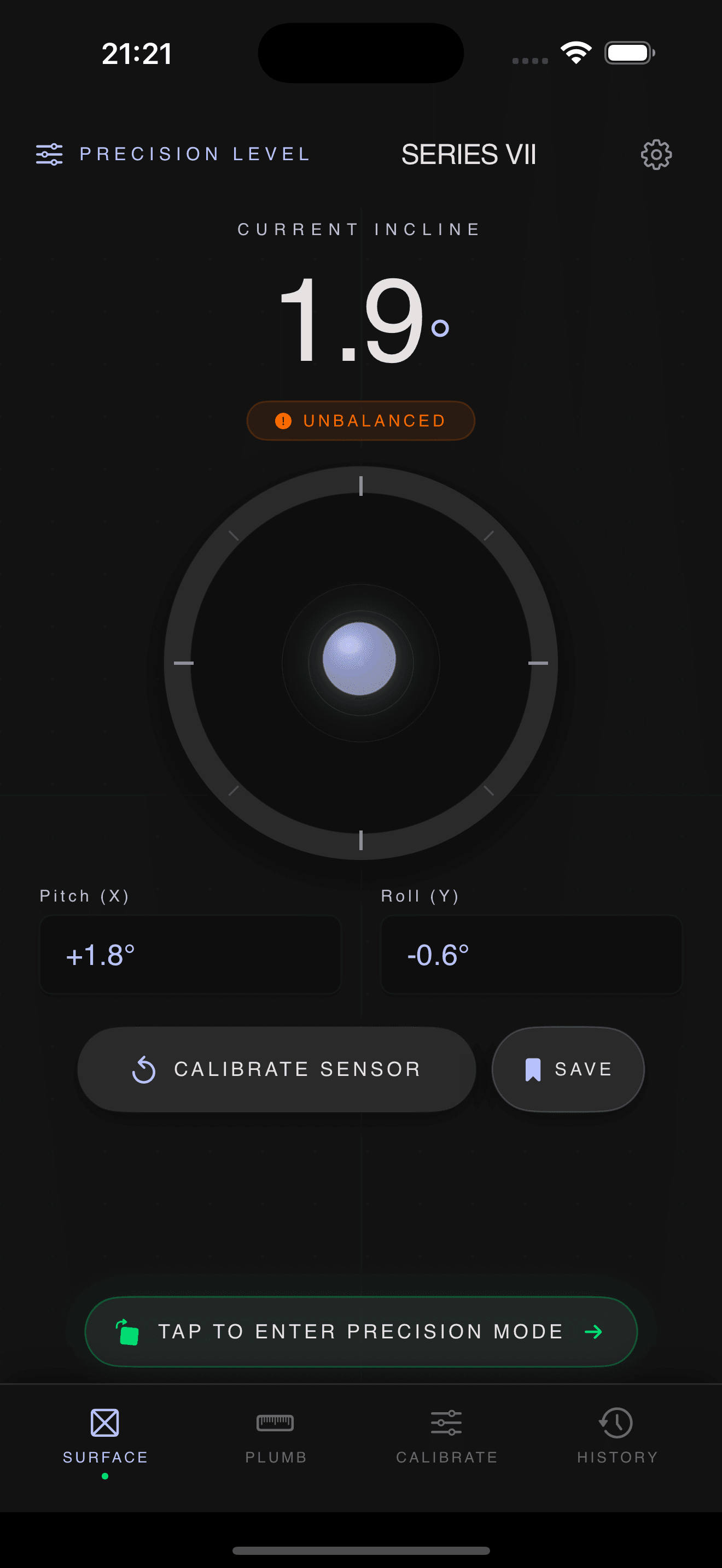 Live incline reading on the SURFACE tab