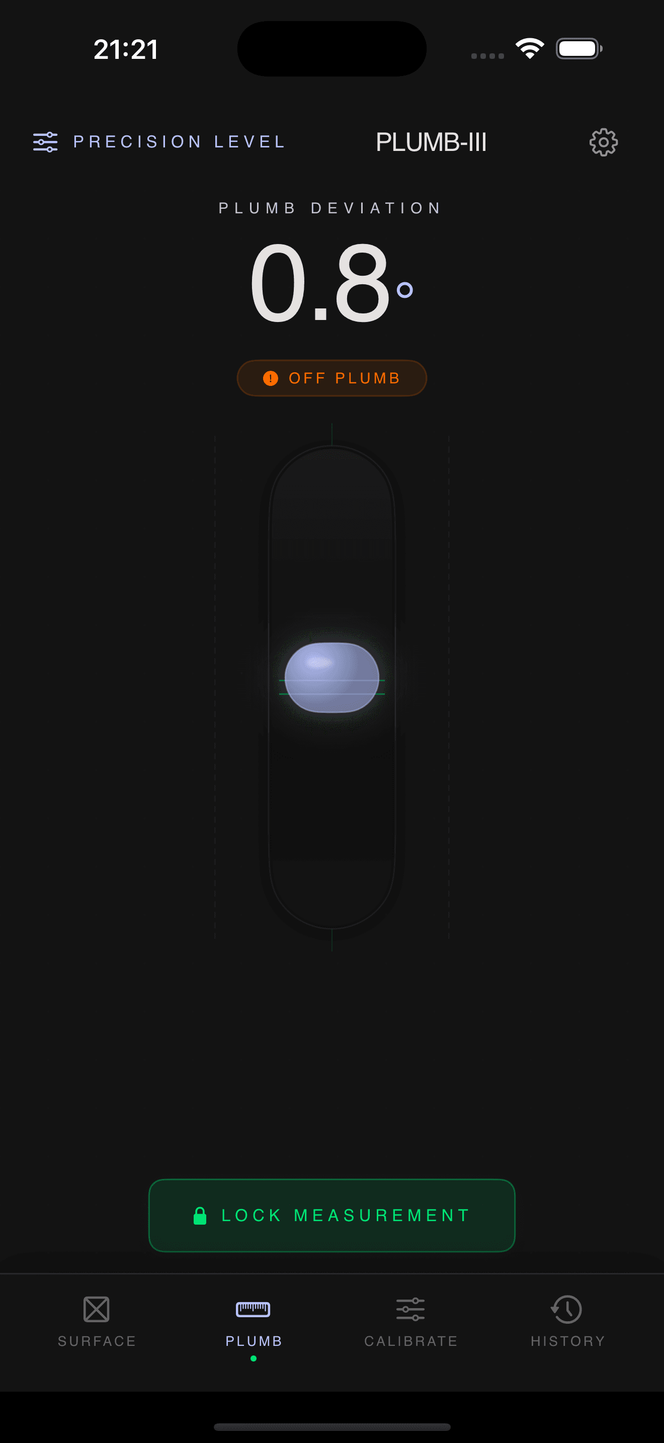 PLUMB tab — check if a wall is truly vertical