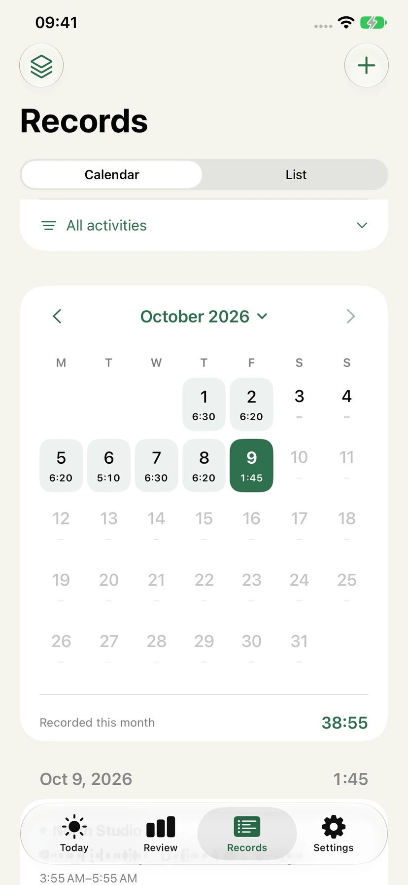 English Stempel 1.1 monthly calendar with recorded time on individual dates
