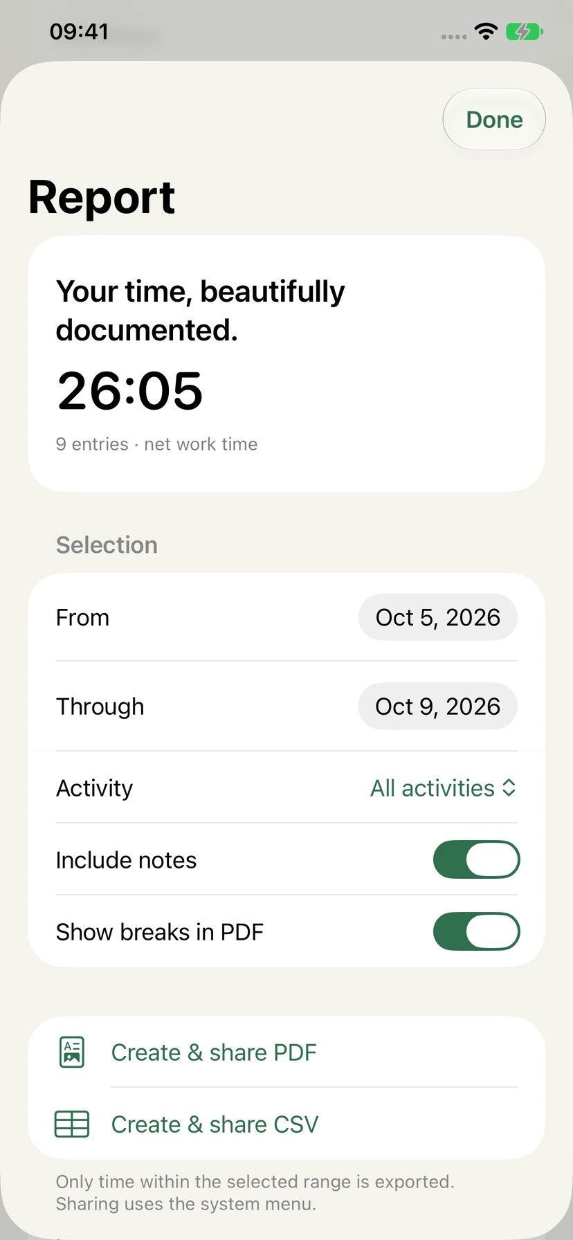 English Stempel 1.1 report screen with date and activity filters and PDF and CSV export controls
